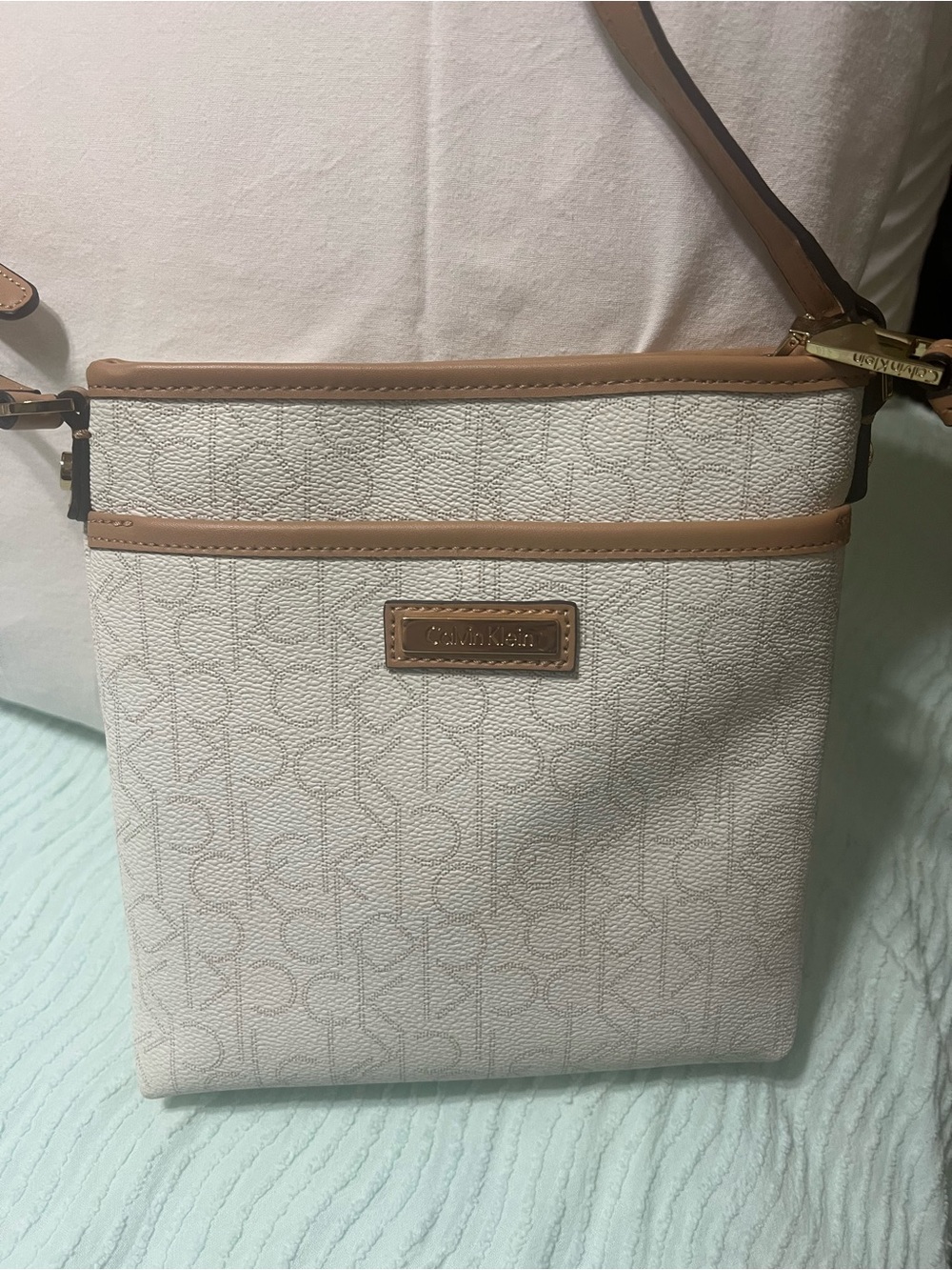 Calvin Klein Cream Crossbody with Tan Trim and Logo Plaque